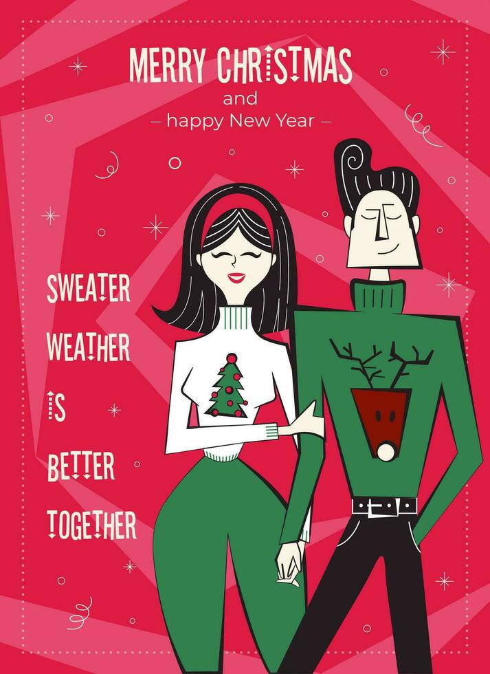 alegre Natal e feliz Novo ano cumprimento cartão. anos 60-70 retro estilo poster com Natal desejos texto. mulher e homem casal personagens dentro feio camisolas, segurando mãos. vetor