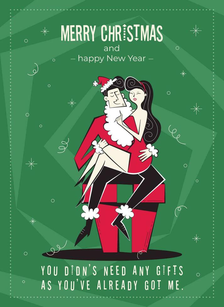 alegre Natal e feliz Novo ano cumprimento cartão. anos 60-70 retro estilo poster com Natal desejos texto. mulher dentro vermelho vestir e homem Como santa claus casal personagens sentado em presente caixa. vetor