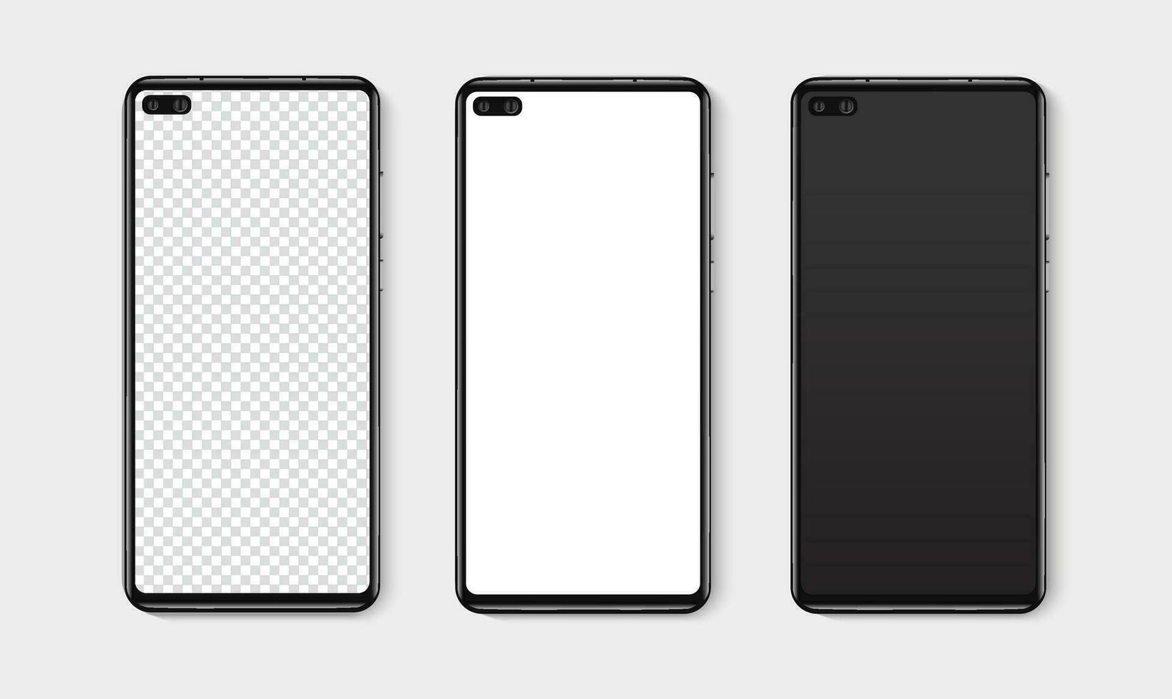 realista Smartphone brincar definir. Móvel telefone em branco, branco, transparente tela Projeto zombar acima. isolado vetor ilustração