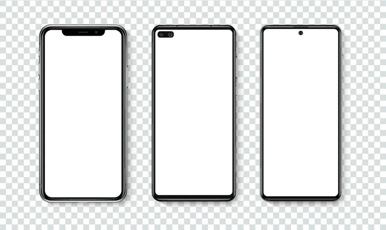 Alto qualidade realista na moda Smartphone com em branco branco tela. telefone brincar para visual ui ux aplicativo demonstração. vetor Móvel conjunto dispositivo conceito