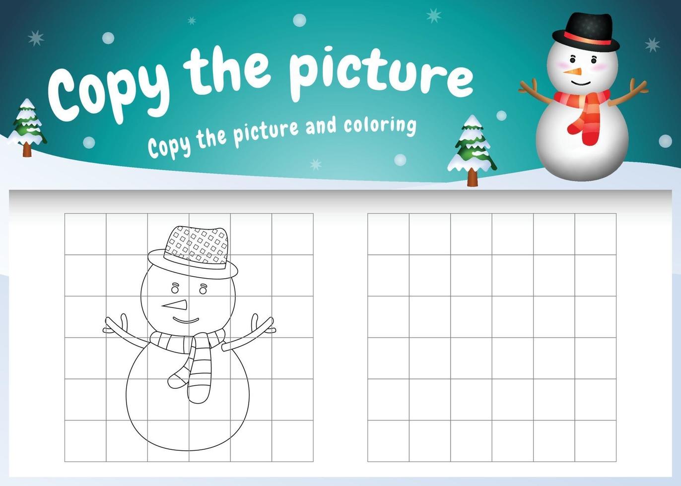 copie o jogo de imagem para crianças e a página para colorir com um boneco de neve fofo vetor