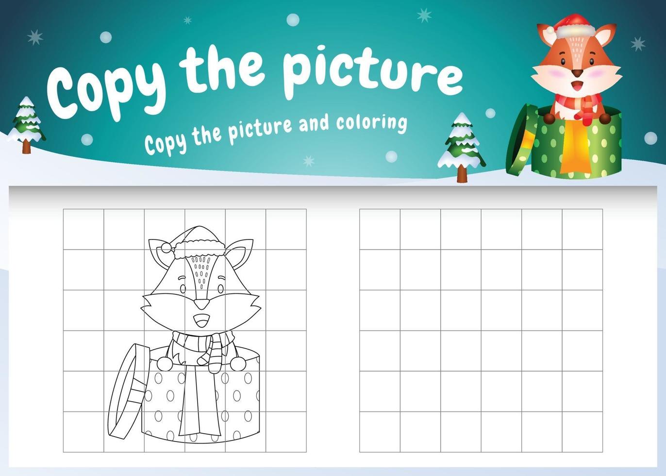 copie o jogo de crianças e a página para colorir com uma raposa fofa vetor