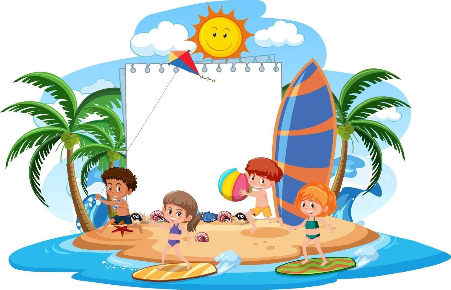 modelo de banner em branco com crianças nas férias de verão na praia vetor