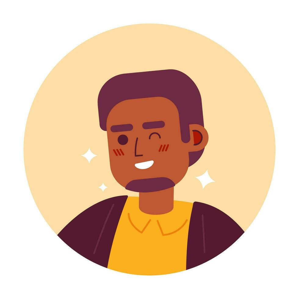 barbudo Preto homem piscando sorridente 2d vetor avatar ilustração. africano americano adulto espumante desenho animado personagem face retrato. amigáveis provocante cara plano cor do utilizador perfil imagem isolado em branco