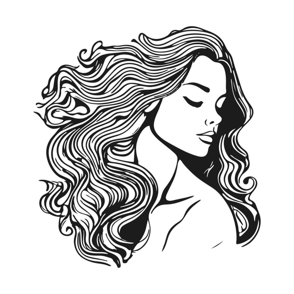 silhueta do uma mulher com grandes fluindo cabelo, com isolado fundo. vetor