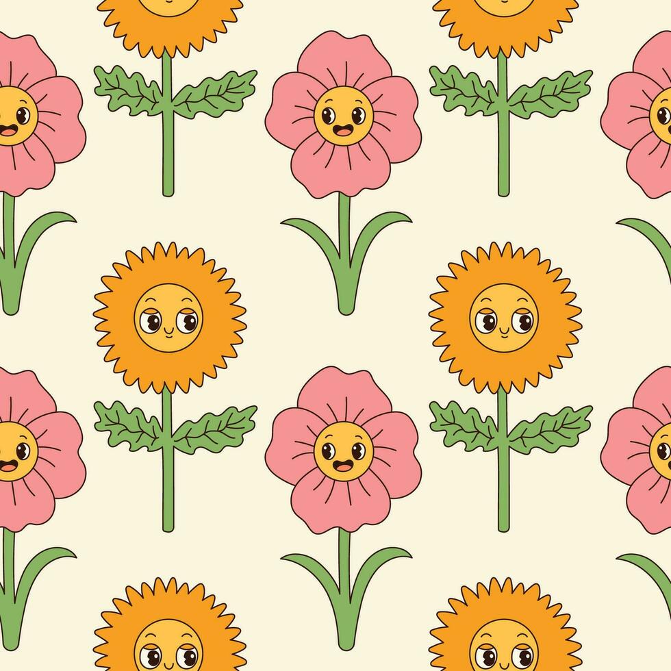 groovy flores desatado padronizar. retro Anos 70 sorridente face flores gráfico elementos isolado. hippie, paz, flor poder simples linear estilo groovy decorativo vetor ilustração. retro vintage flores