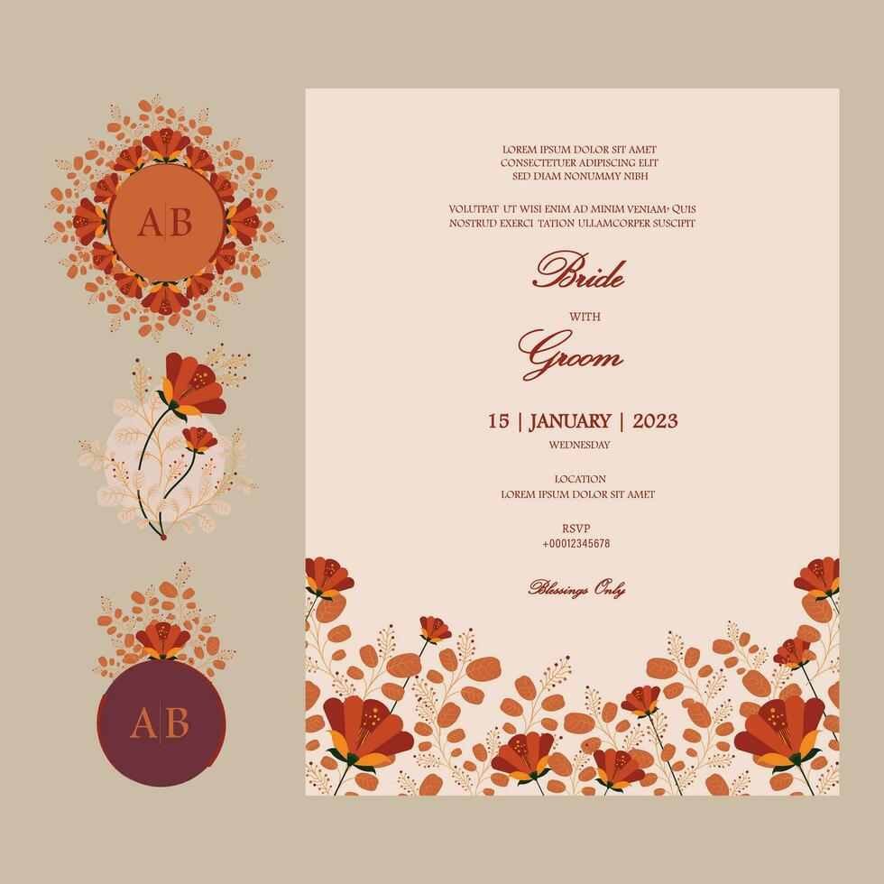 vetor ornamentado Casamento convite cartão com envolver adesivos. floral volta adesivos, rótulos, Tag, monograma com 1 Casamento cartão modelo dentro outono cores com Lugar, colocar para Texto:% s