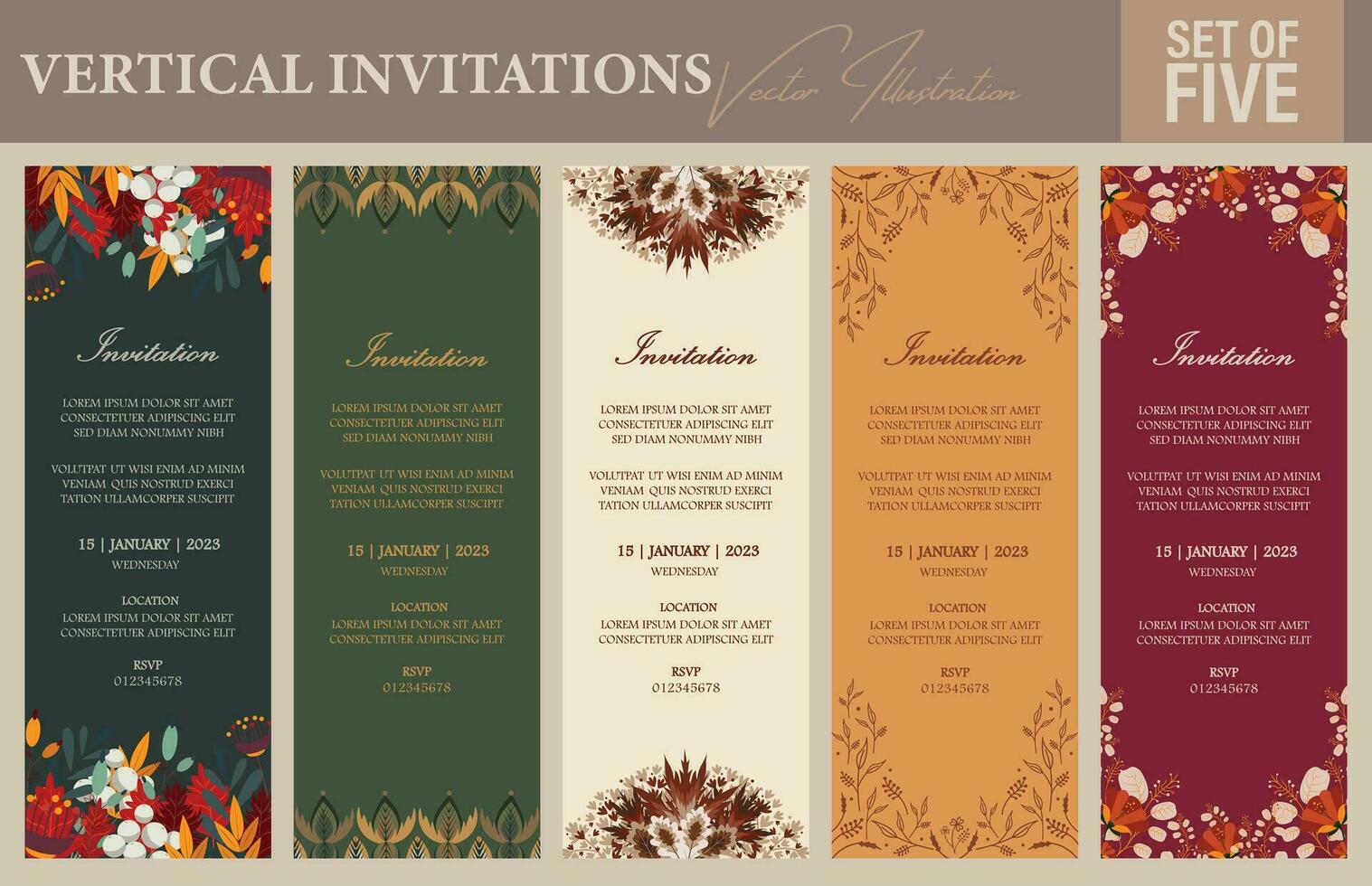 moderno convite cartão modelos dentro outono cores. conjunto do 5 floral convite cartão modelos dentro outono cores com Lugar, colocar para Texto:% s vetor