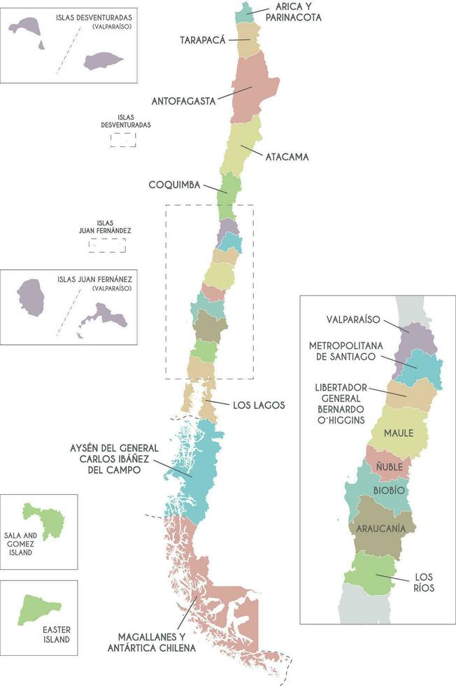 vetor mapa do Chile com regiões e territórios e administrativo divisões. editável e claramente etiquetado camadas.