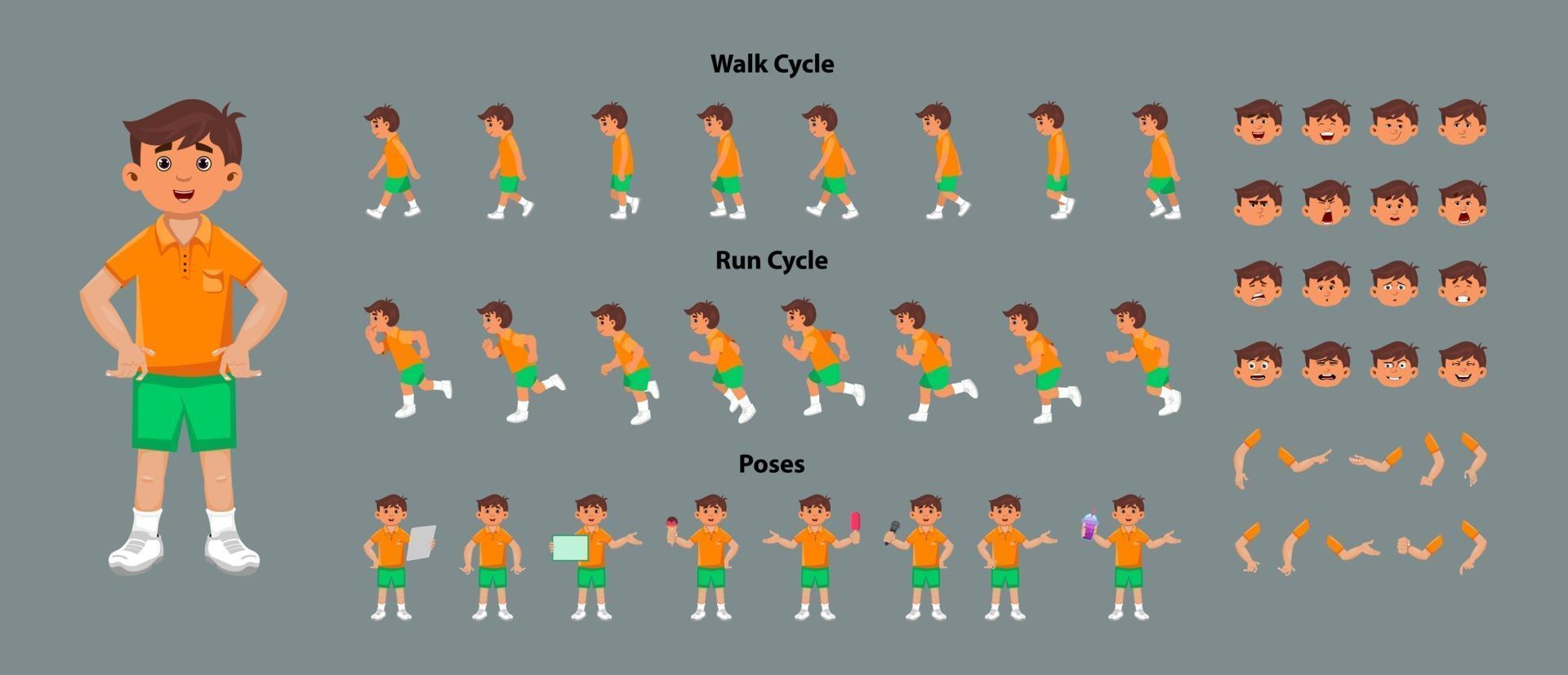 Folha de modelo de personagem de menino fofo com diferentes poses vetor