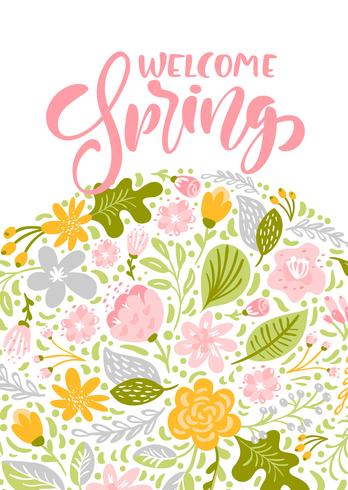 Cartão de saudação de vetor de flor com texto bem-vindo Primavera
