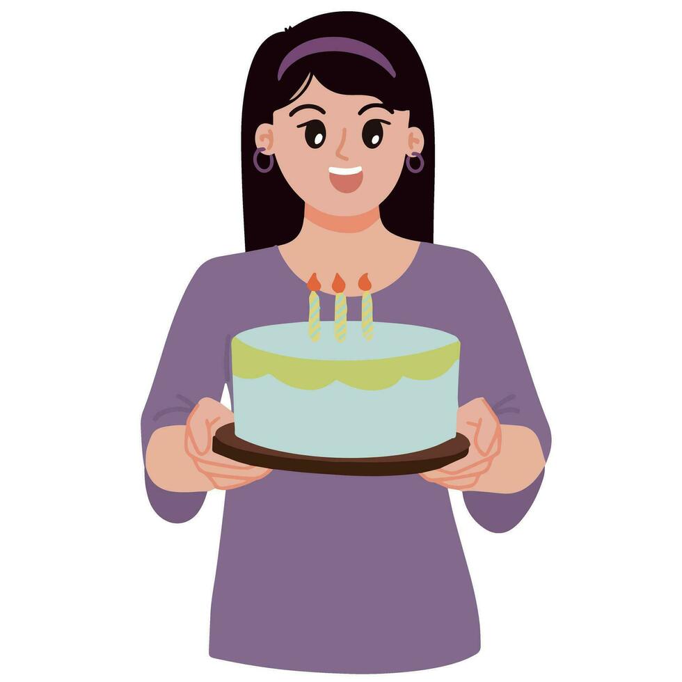 bonita mulher comemoro aniversário festa com bolo ilustração vetor