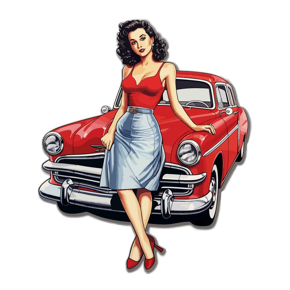vintage estilo mulher com clássico vermelho carro ilustração PIN acima vetor
