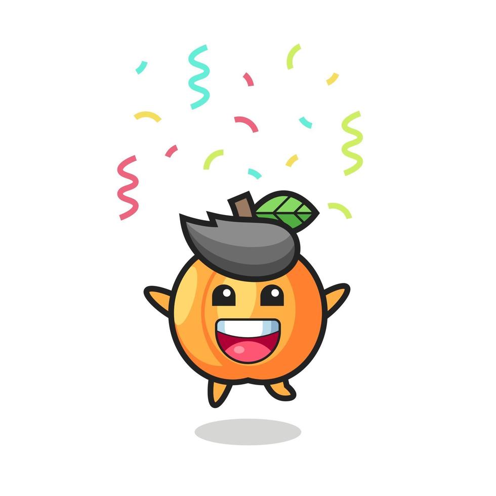mascote de damasco feliz pulando para parabéns com confetes coloridos vetor