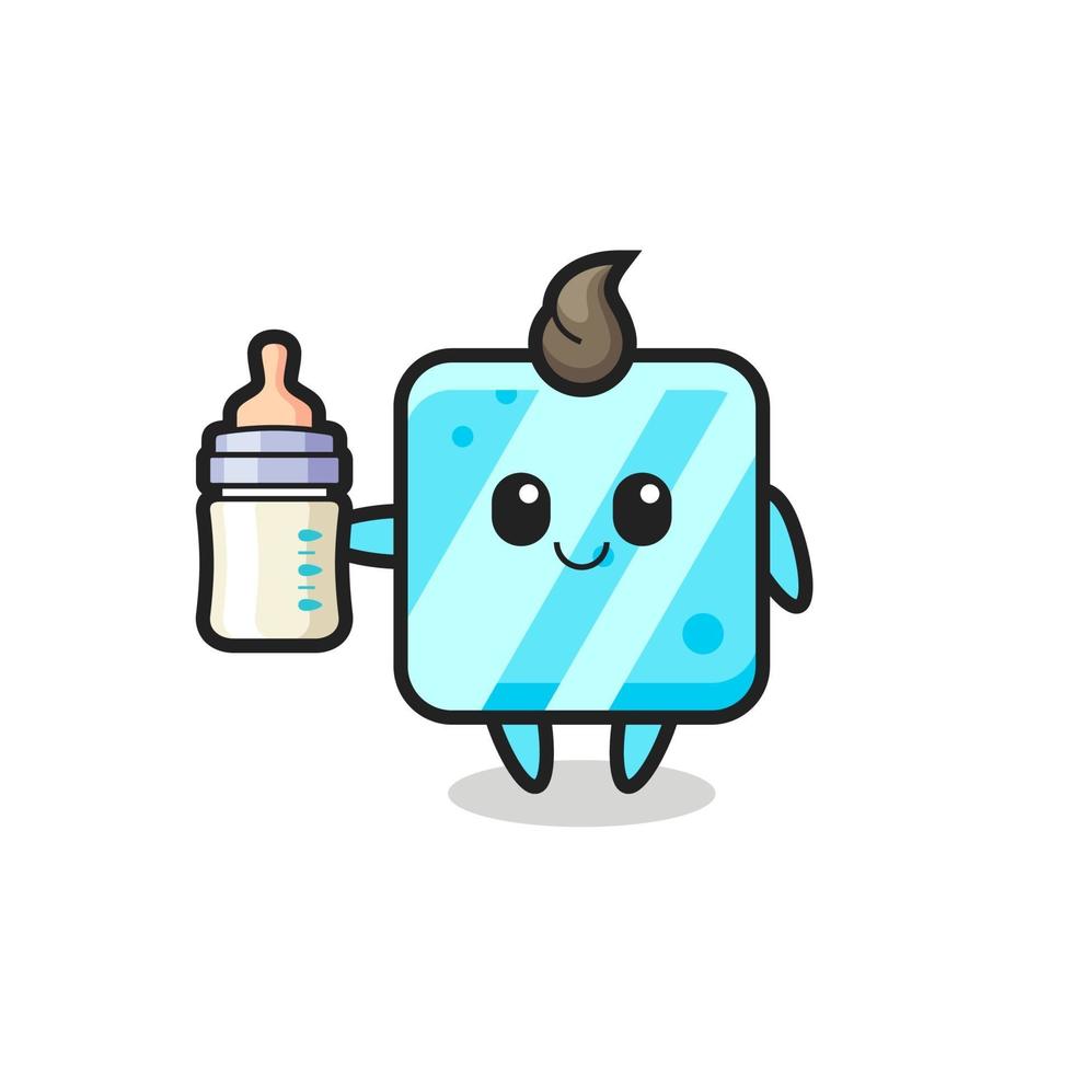 personagem de desenho animado de cubo de gelo de bebê com garrafa de leite vetor