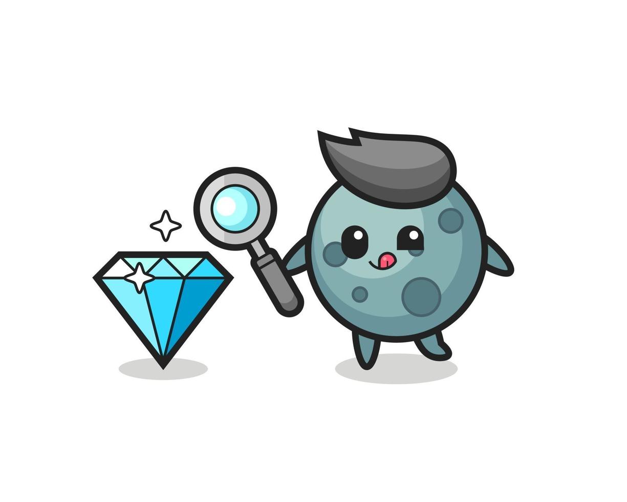 mascote asteróide está verificando a autenticidade de um diamante vetor