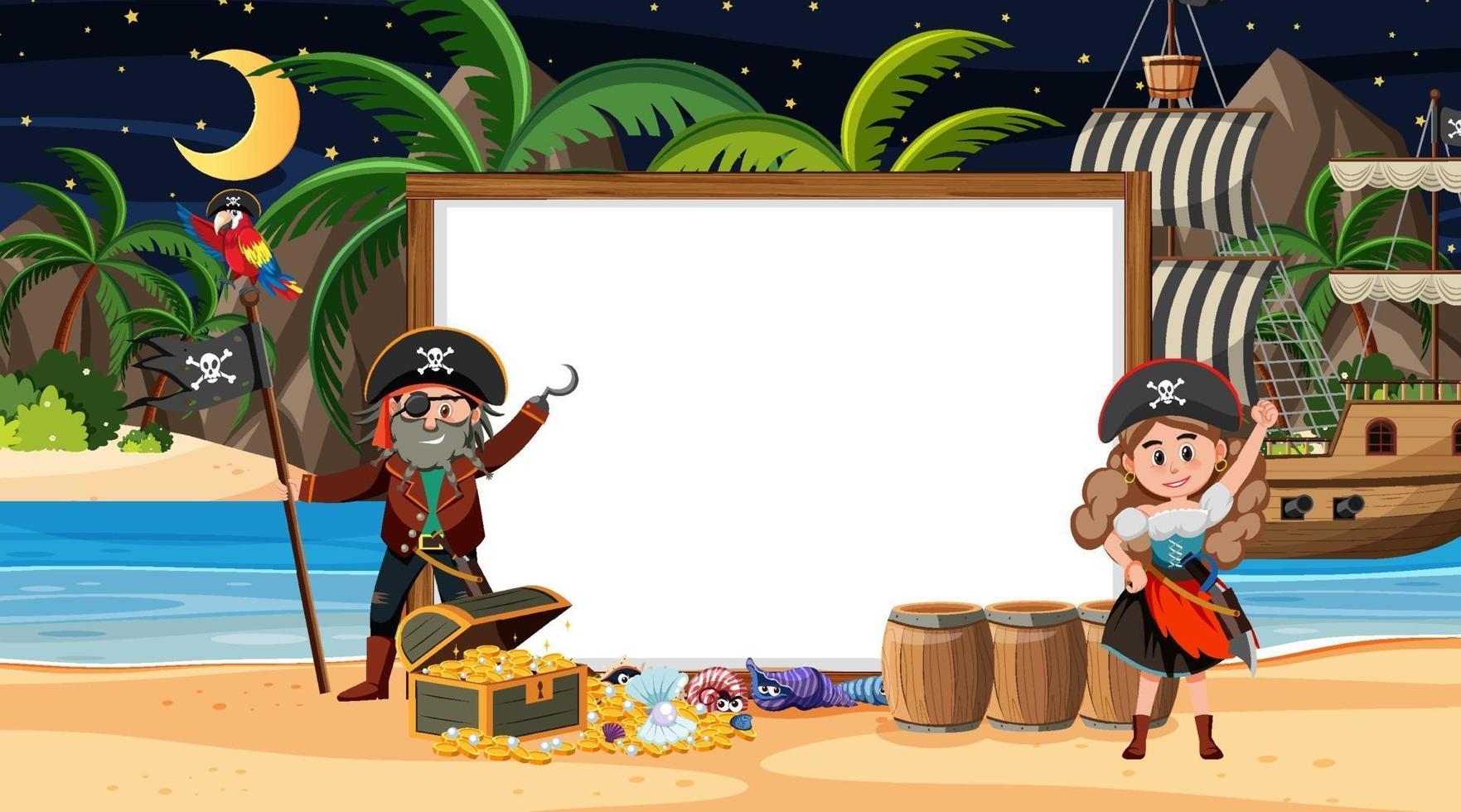 crianças piratas na cena noturna da praia com um modelo de banner vazio vetor