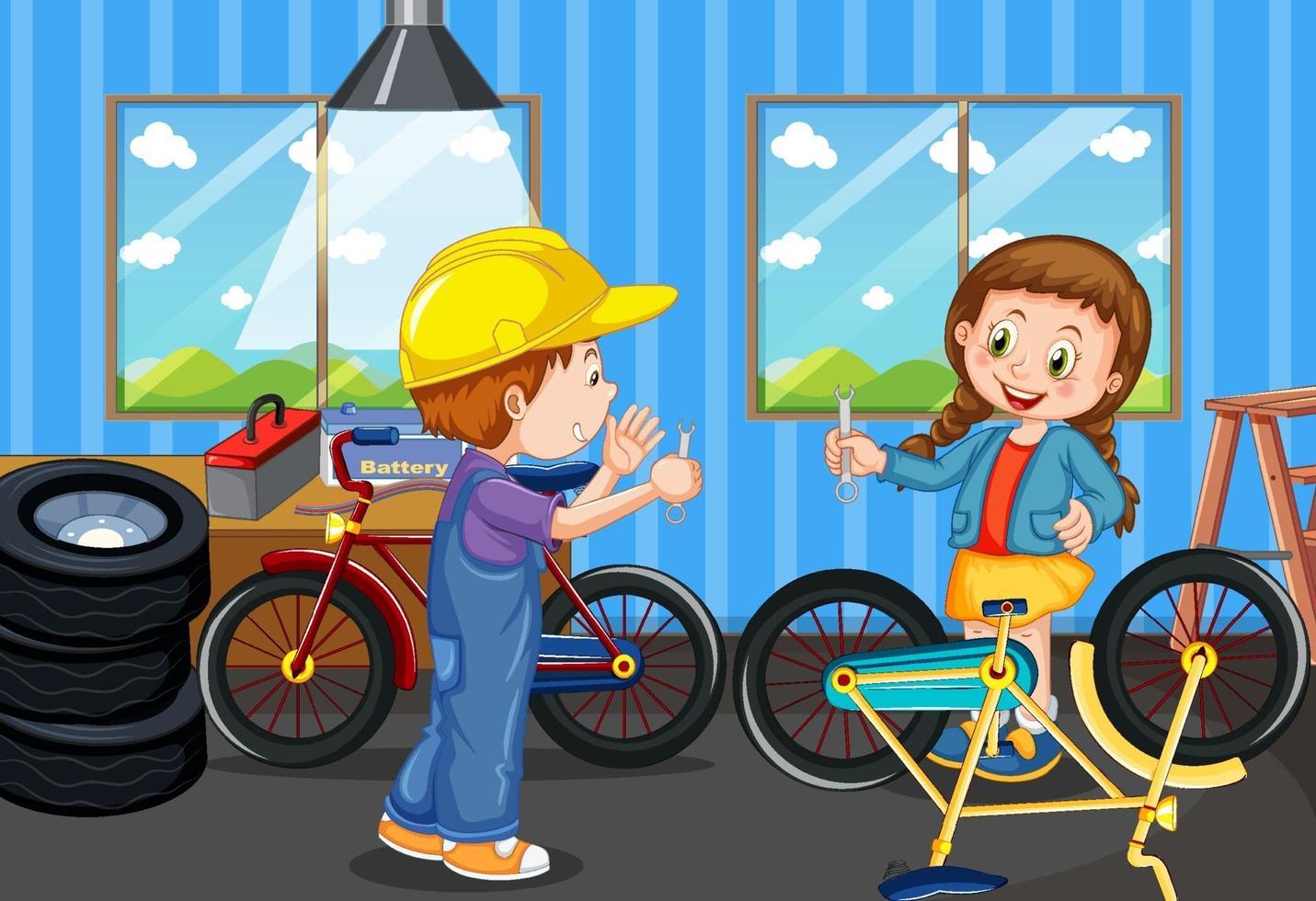cena com crianças consertando bicicletas juntas vetor