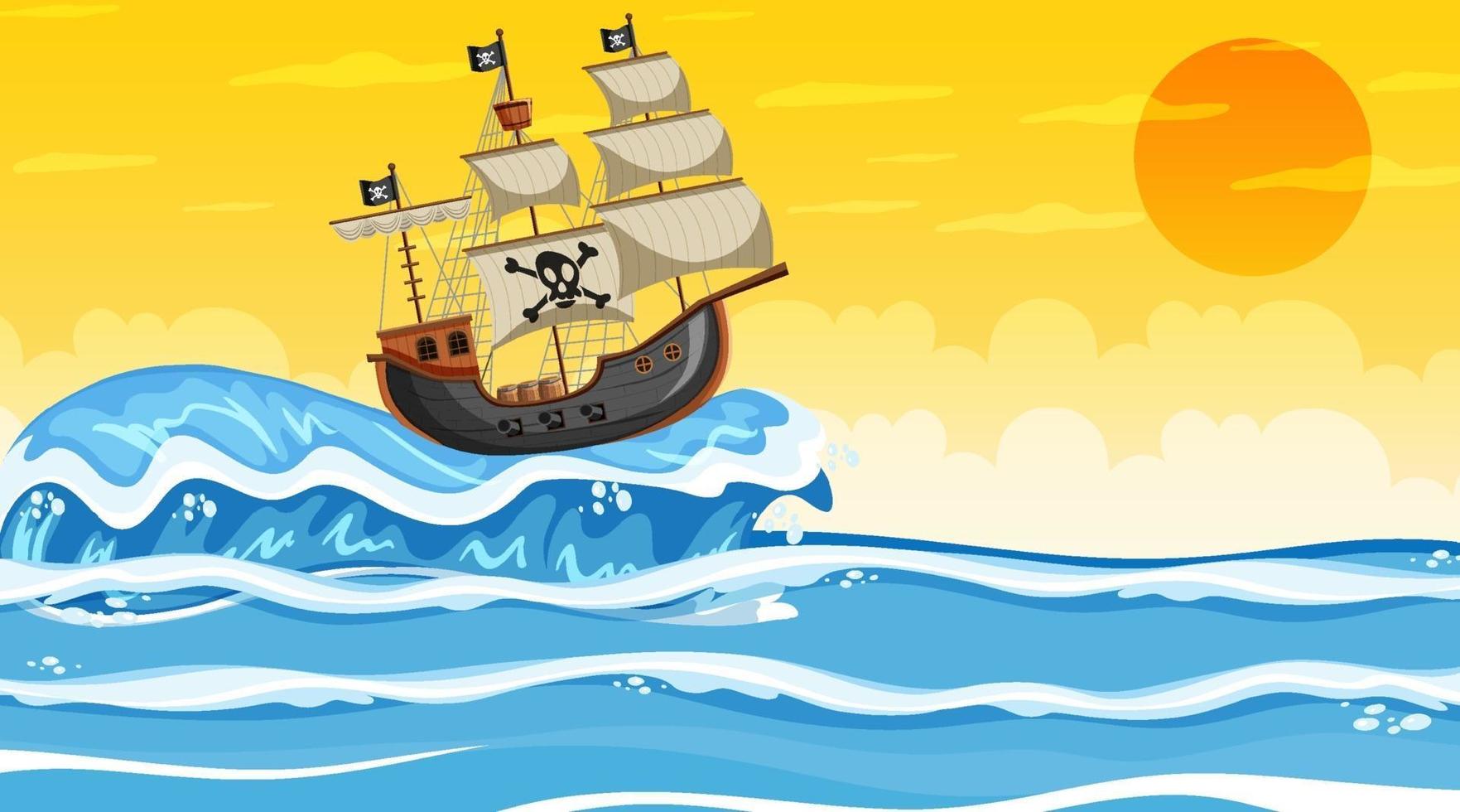 cena do oceano na hora do pôr do sol com um navio pirata em estilo cartoon vetor