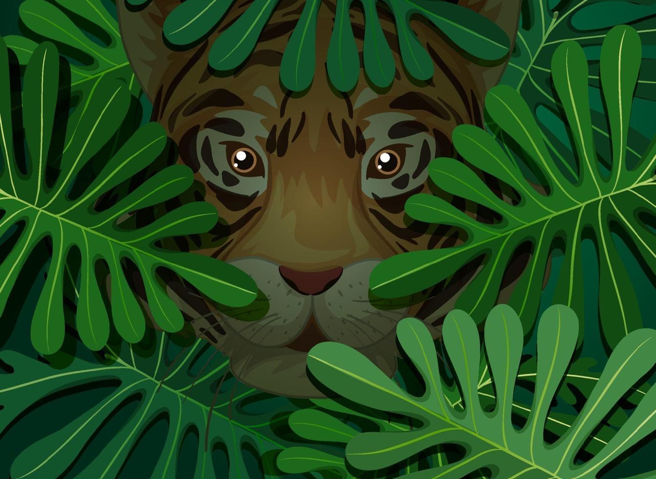 tigre escondido no fundo de folhas tropicais vetor