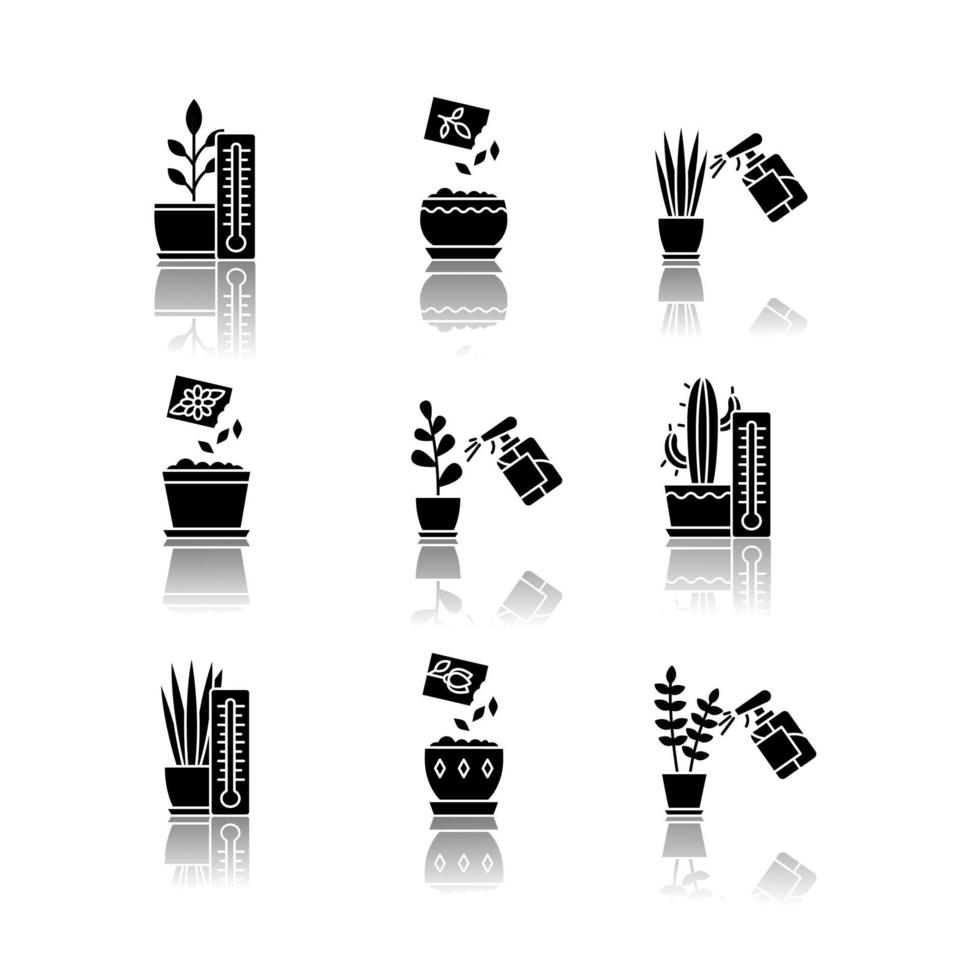 conjunto de ícones de glifo preto para cuidados com a planta de casa vetor