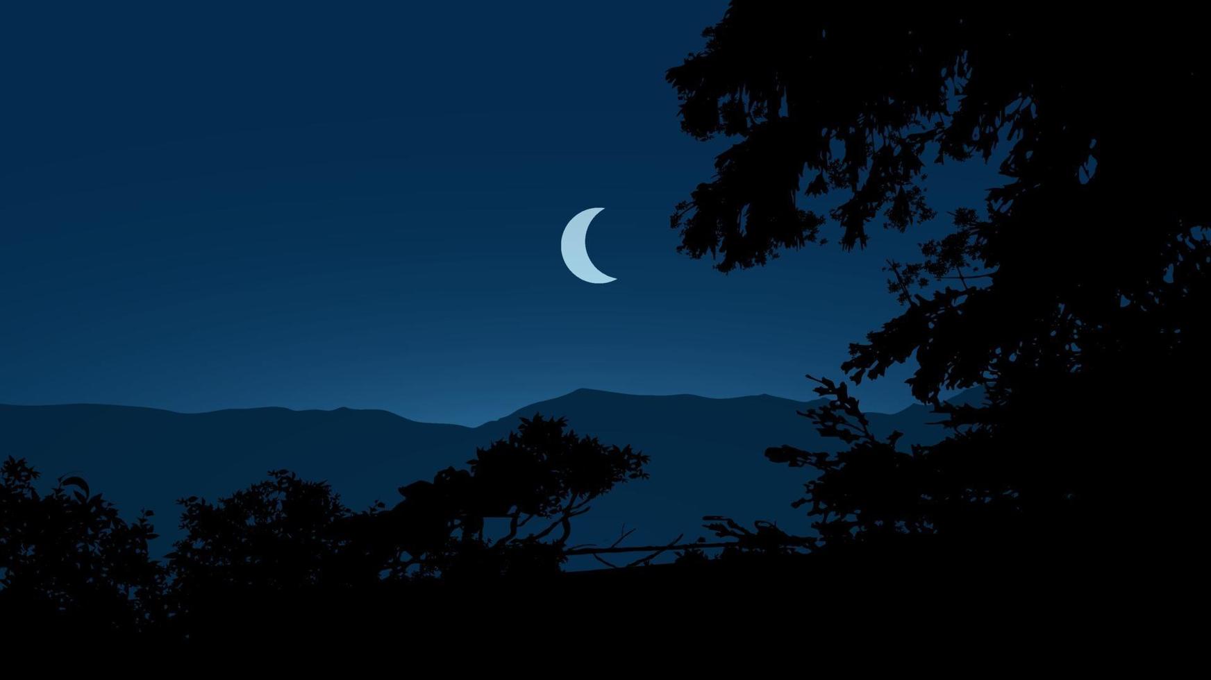 paisagem noturna com silhueta de árvore e lua vetor