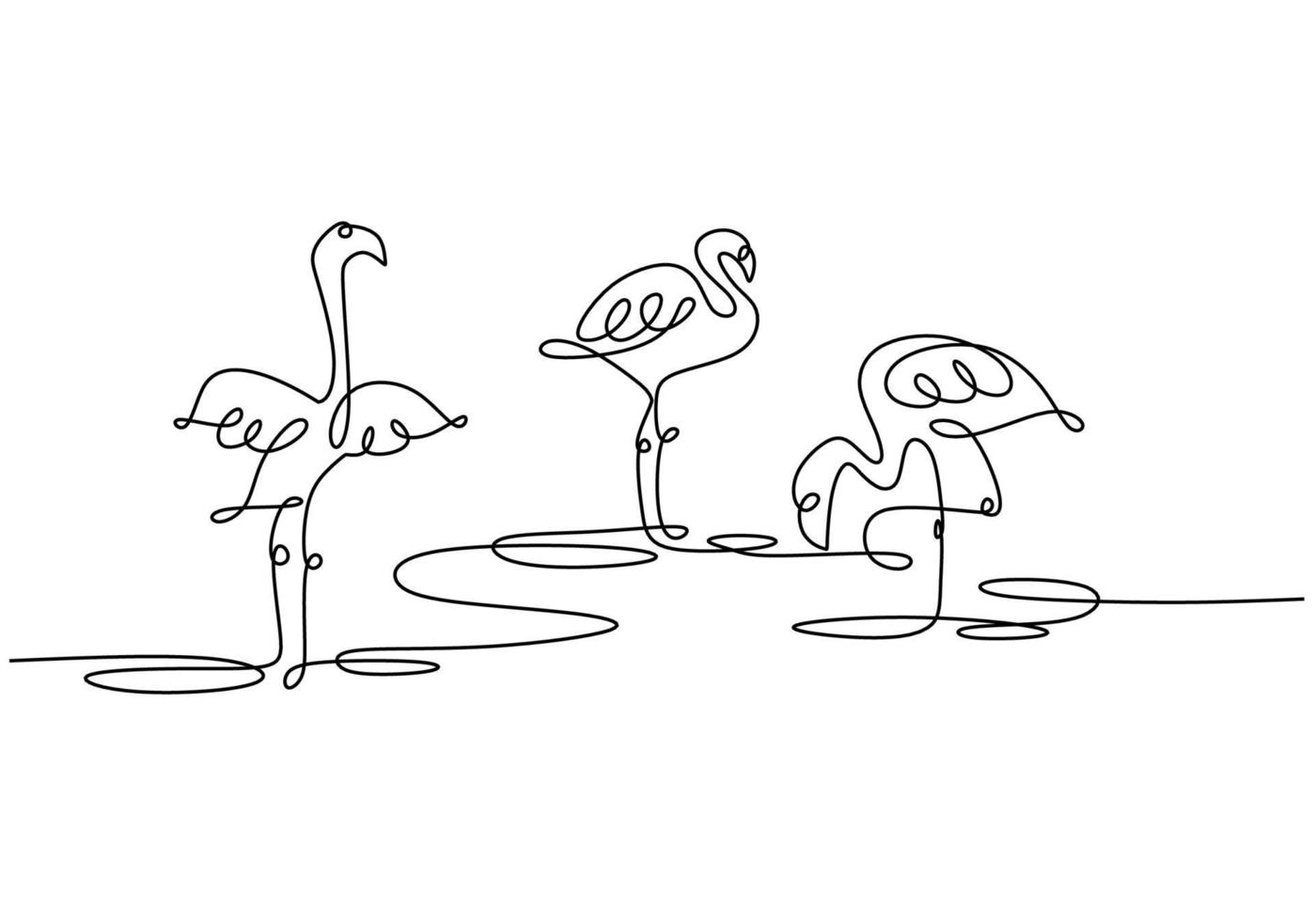 desenho de linha único contínuo de três pássaros tropicais flamingos vetor