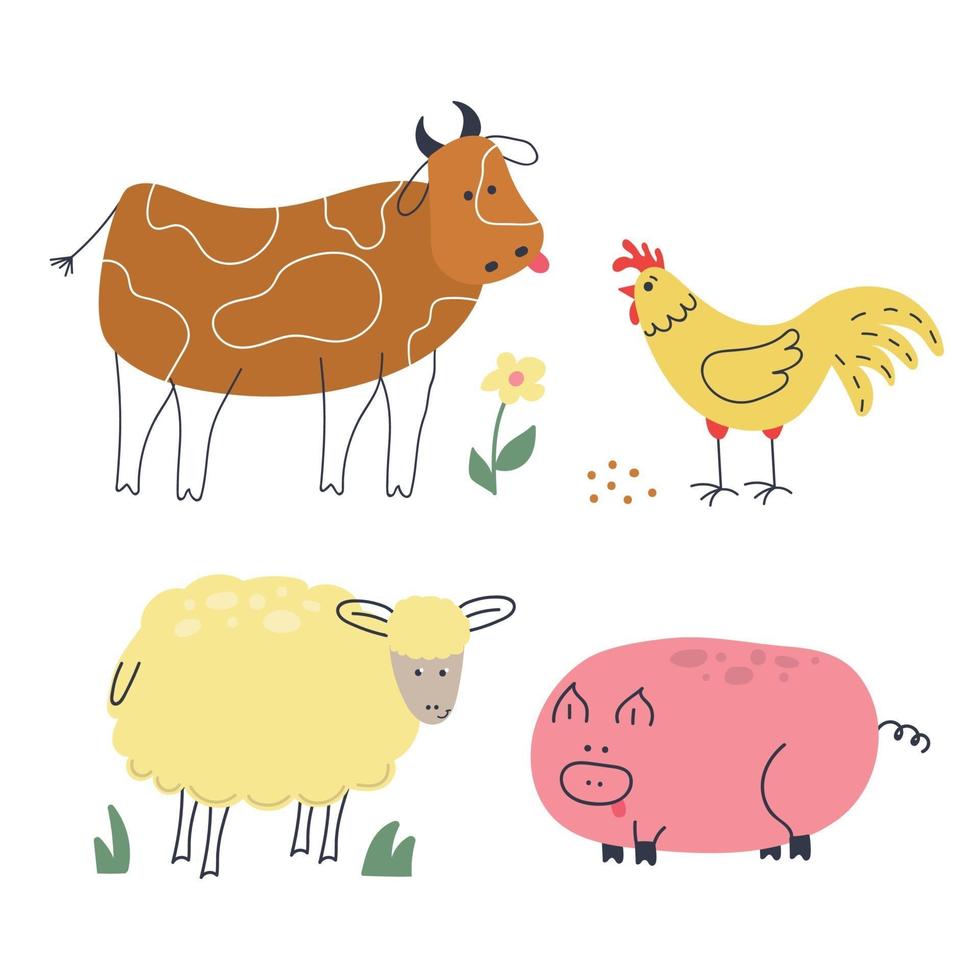 conjunto de animais desenhados à mão, vaca, galo, ovelha, porco. design do doodle. vetor