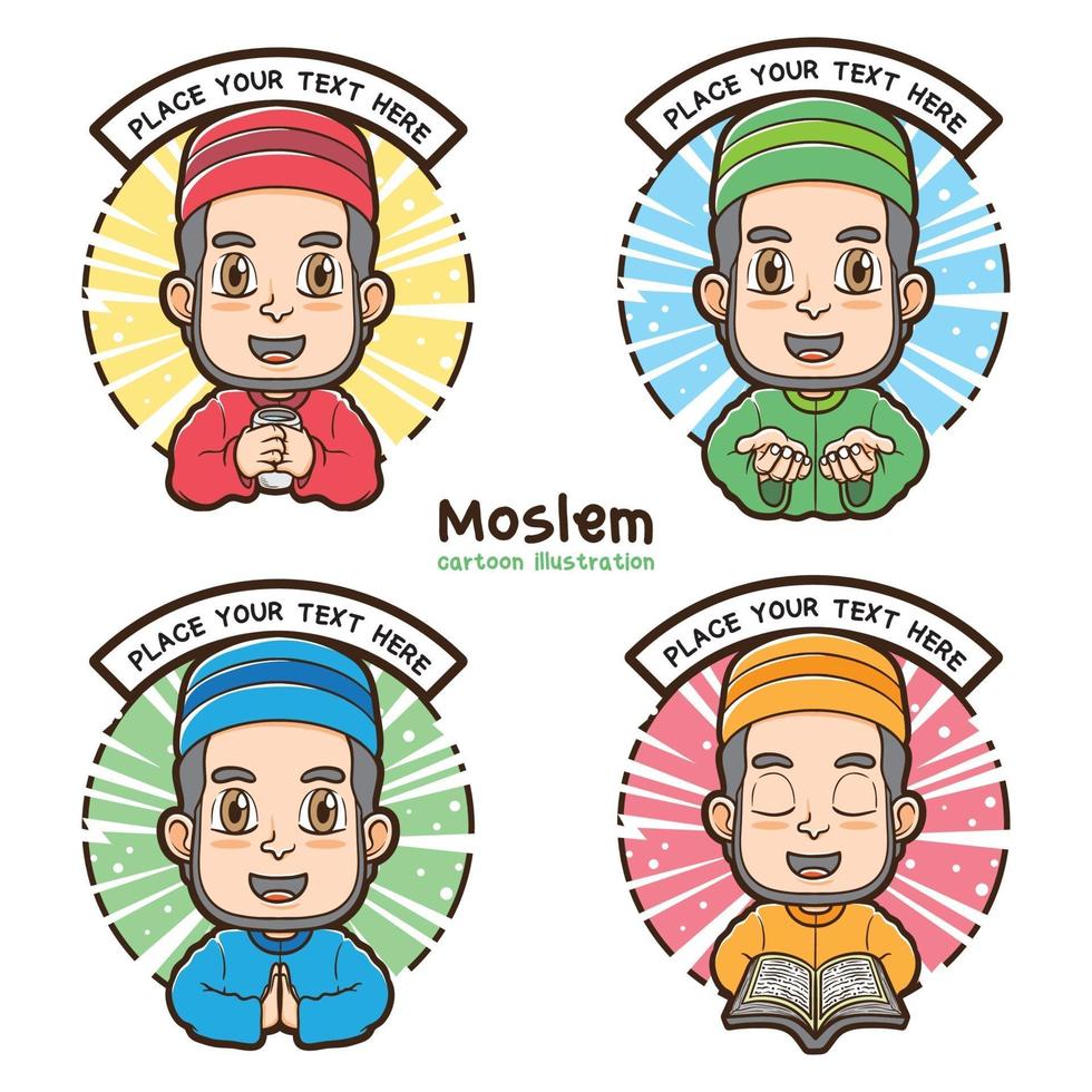 conjunto de ilustração do logotipo do rótulo de personagem muçulmano vetor