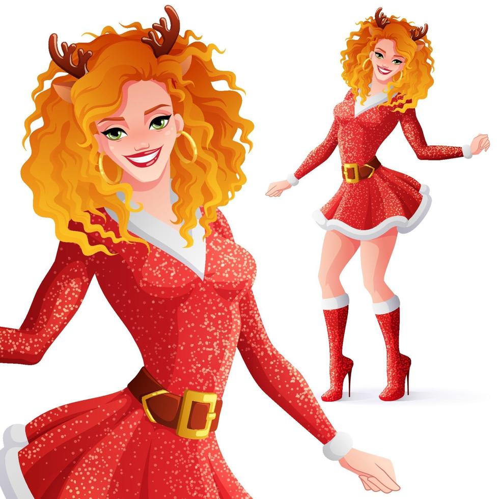 ilustração vetorial mulher dançando no Natal fantasia de Papai Noel vetor