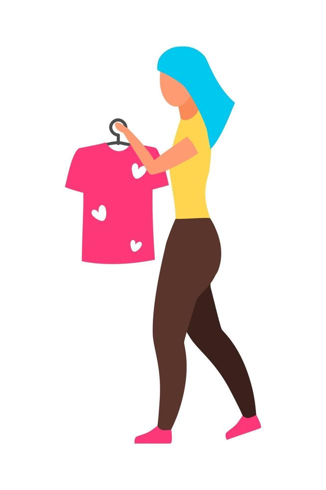 mulher segurando um cabide de camiseta personagem vetorial de cor semi-plana vetor