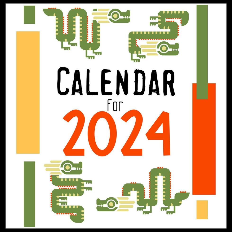 quadrado cobrir página para a calendário para a todo ano 2024 com verde geométrico dragões. isolado em uma branco fundo. a símbolo do a ano do a Dragão. Dragão diferente. vetor ilustração