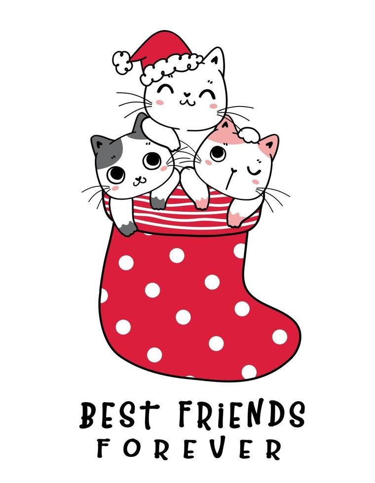 Amigo gato gatinho fofo com meia vermelha de natal, desenho animado da amizade vetor