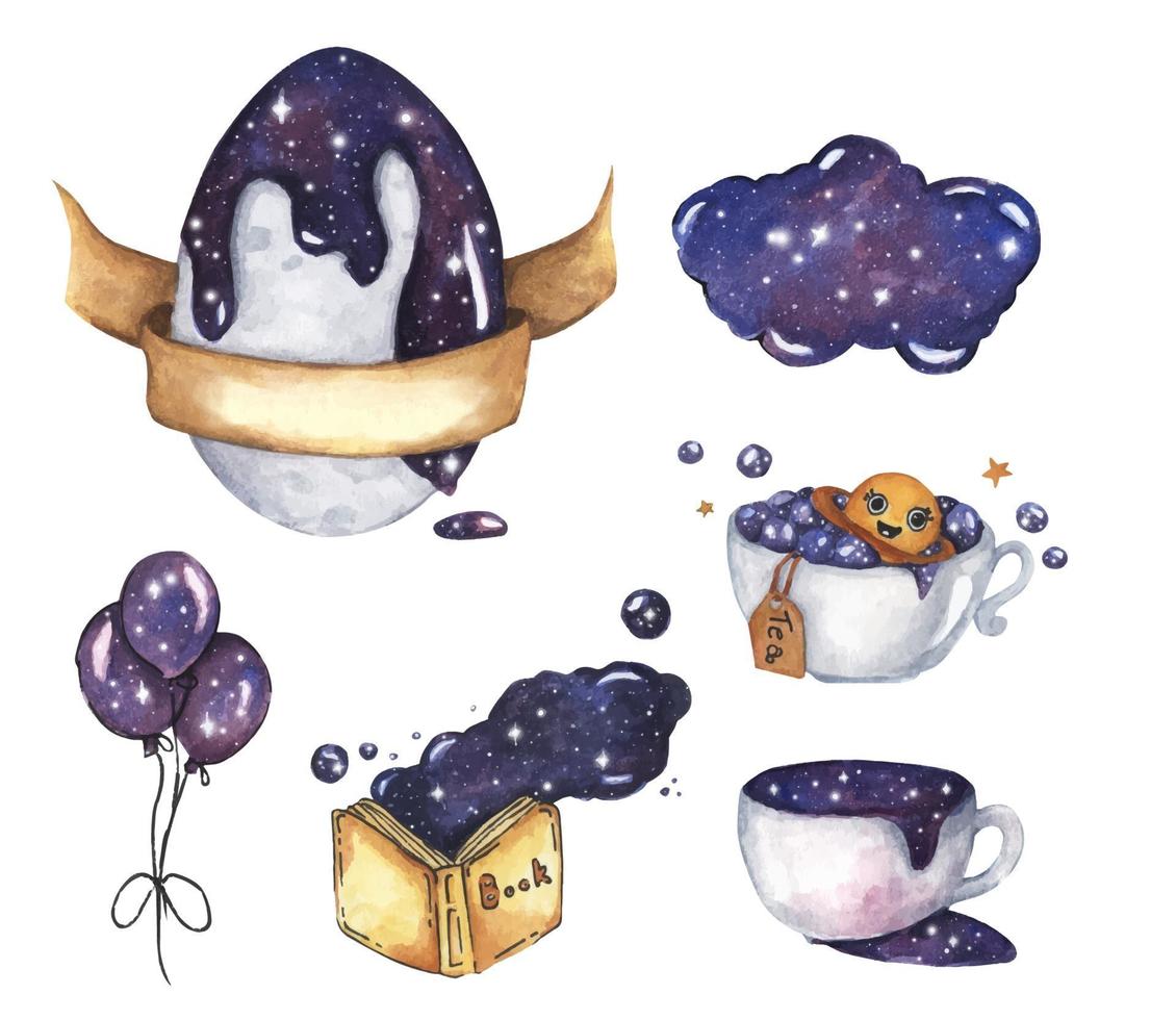 ovo, balões, livro amarelo aberto, xícara de café com espaço cósmico. vetor