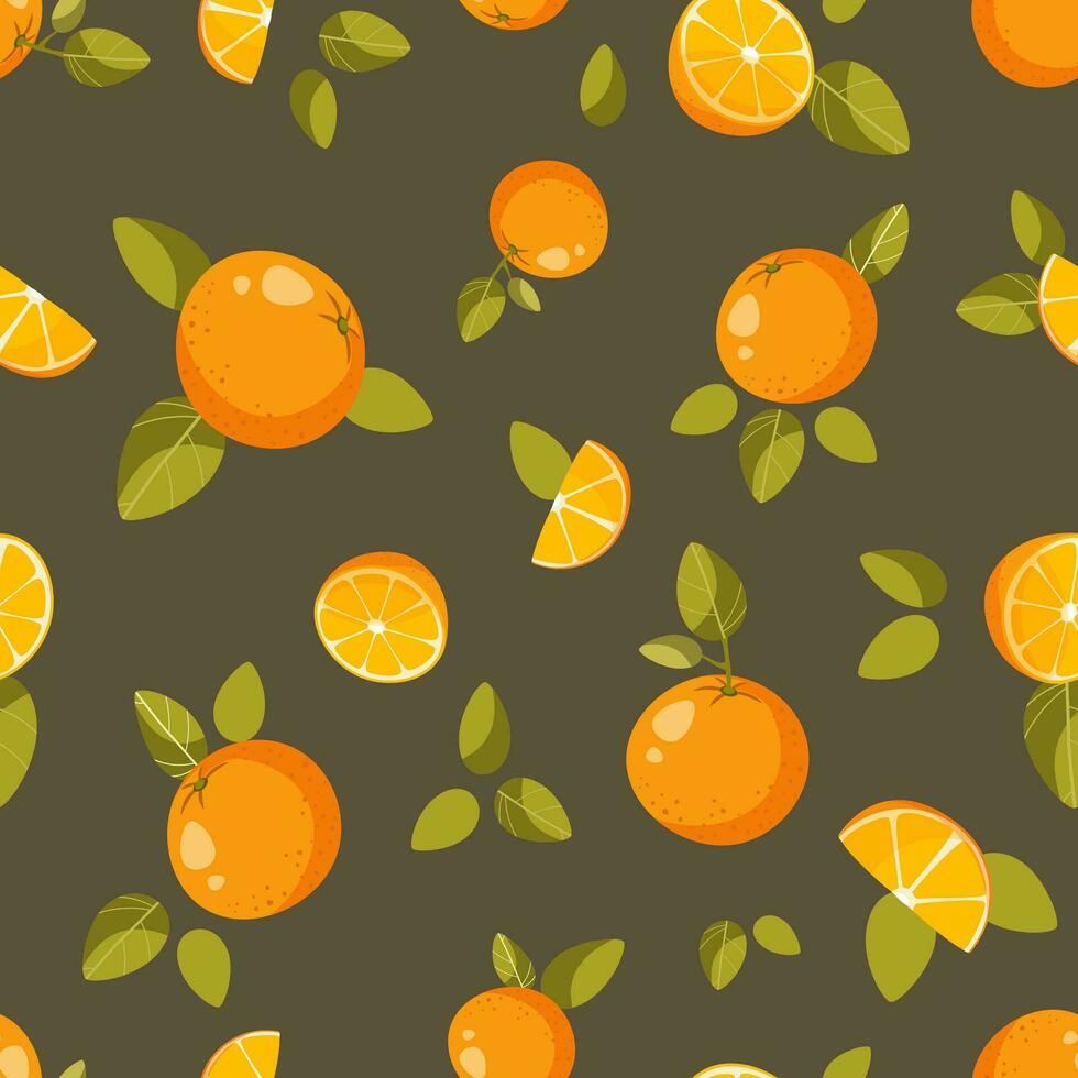desatado padrão, todo laranjas, metades e laranja fatias, com verde folhas em uma Sombrio fundo. abstrato fruta fundo. ideal para têxtil Produção, papel de parede, cartazes, etc. vetor ilustração
