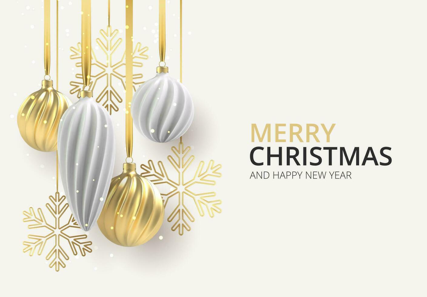 Natal fundo com Natal árvore brinquedos do branco e ouro, uma espiral bolas e flocos de neve em branco horizontal fundo, com a inscrição Natal. vetor ilustração.