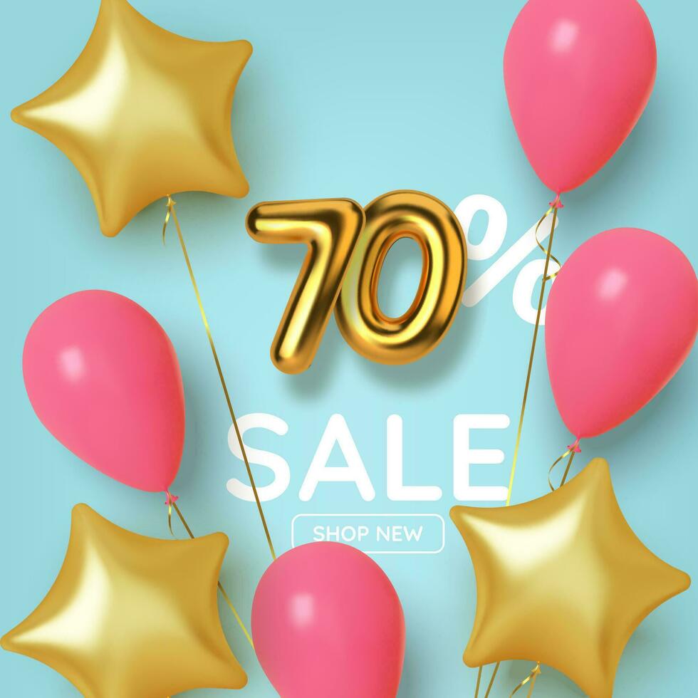 70 fora desconto promoção venda fez do realista 3d ouro número com balões e estrelas. número dentro a Formato do dourado balões. vetor