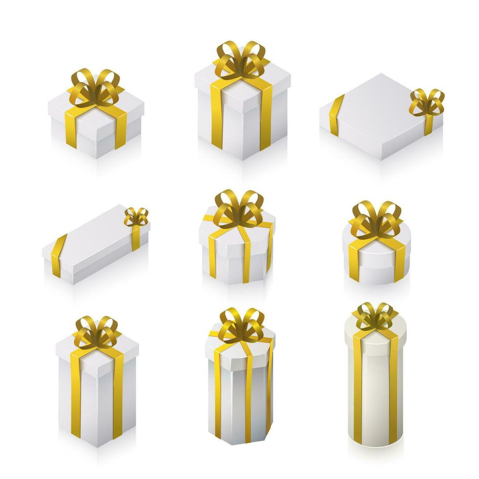 isométrico conjunto do branco presente caixas com ouro arco e fitas. coleção em a branco isolado fundo. vetor ilustração.
