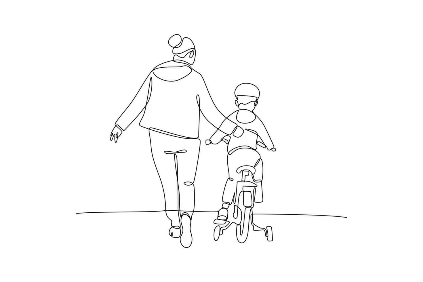 contínuo 1 linha desenhando feliz pais com dela criança equitação bicicleta junto. vetor ilustração.