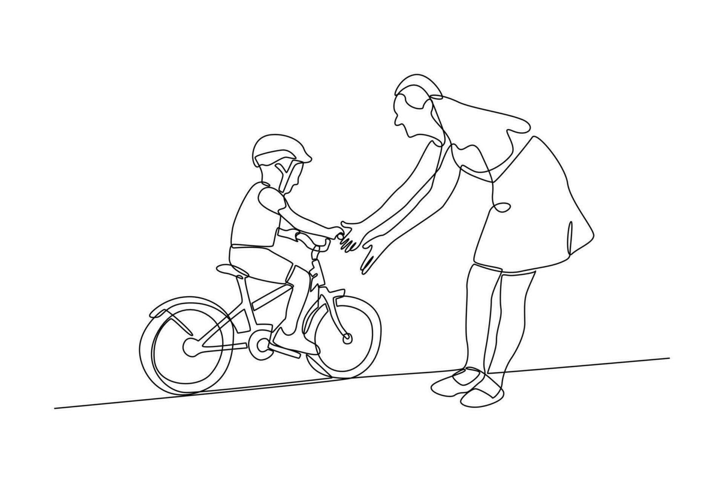 contínuo 1 linha desenhando feliz pais com dela criança equitação bicicleta junto. vetor ilustração.