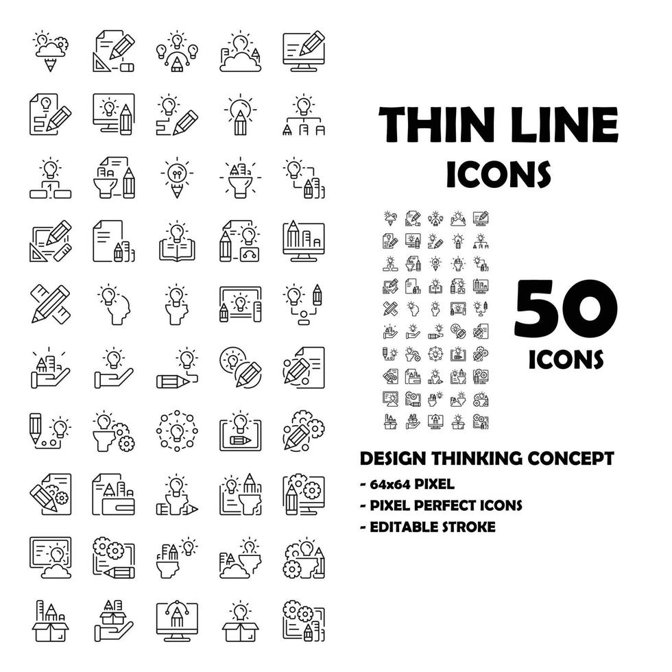 Conjunto de 50 ícones de ícones de linha de design thinking. como lâmpada, caneta, papel. vetor