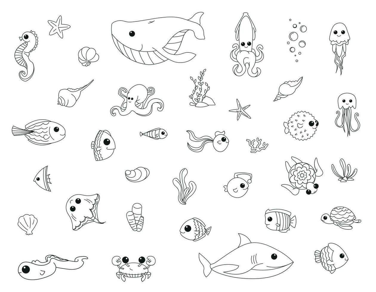 rabisco conjunto do marinho, oceano personagens em uma branco fundo. crianças Educação, coloração livro para escola vetor