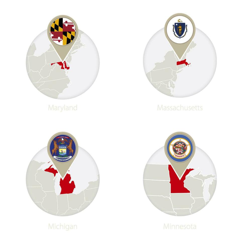 nos estados maryland, massachusetts, Michigan, Minnesota mapa e bandeira dentro círculo. vetor