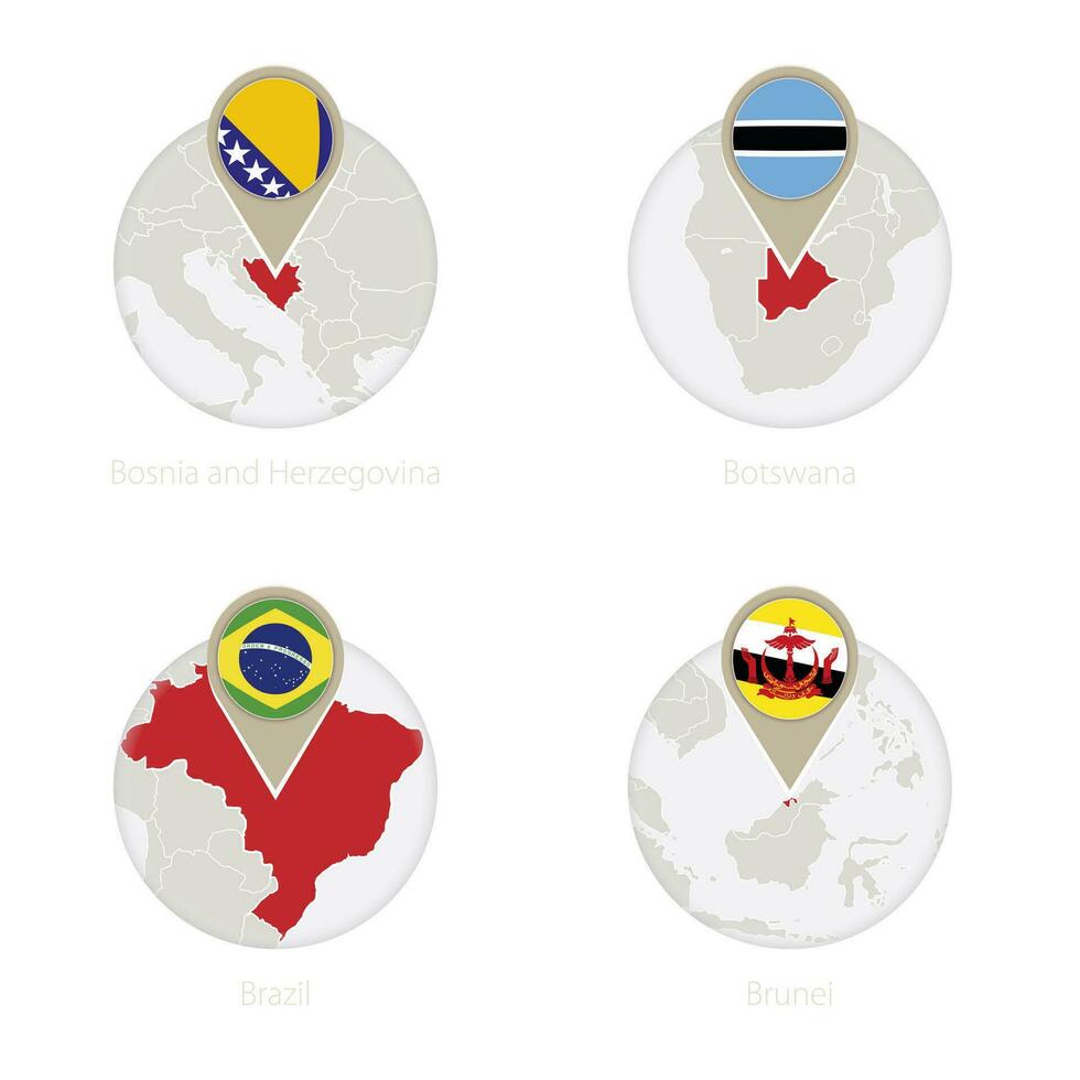 Bósnia e herzegovina, Botsuana, brasil, brunei mapa e bandeira dentro círculo. vetor