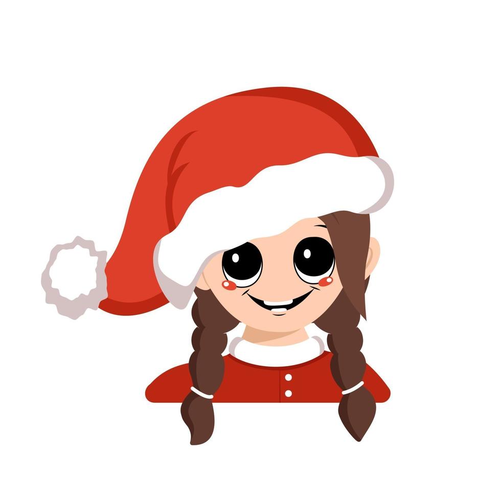 menina com olhos grandes e sorriso largo e feliz com chapéu de Papai Noel vermelho vetor