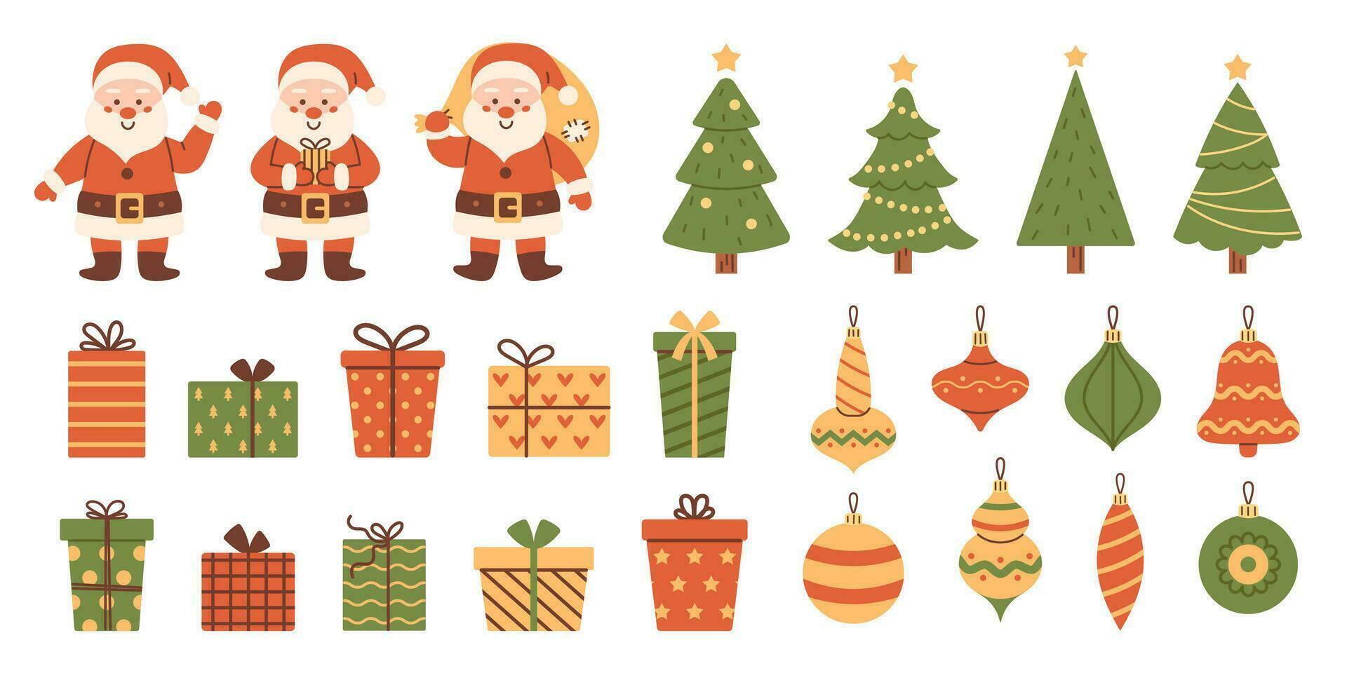 vetor grande Natal conjunto com santa claus personagens, presente caixas, Natal árvore e bugigangas. Novo ano fofa coleção do Projeto elementos.
