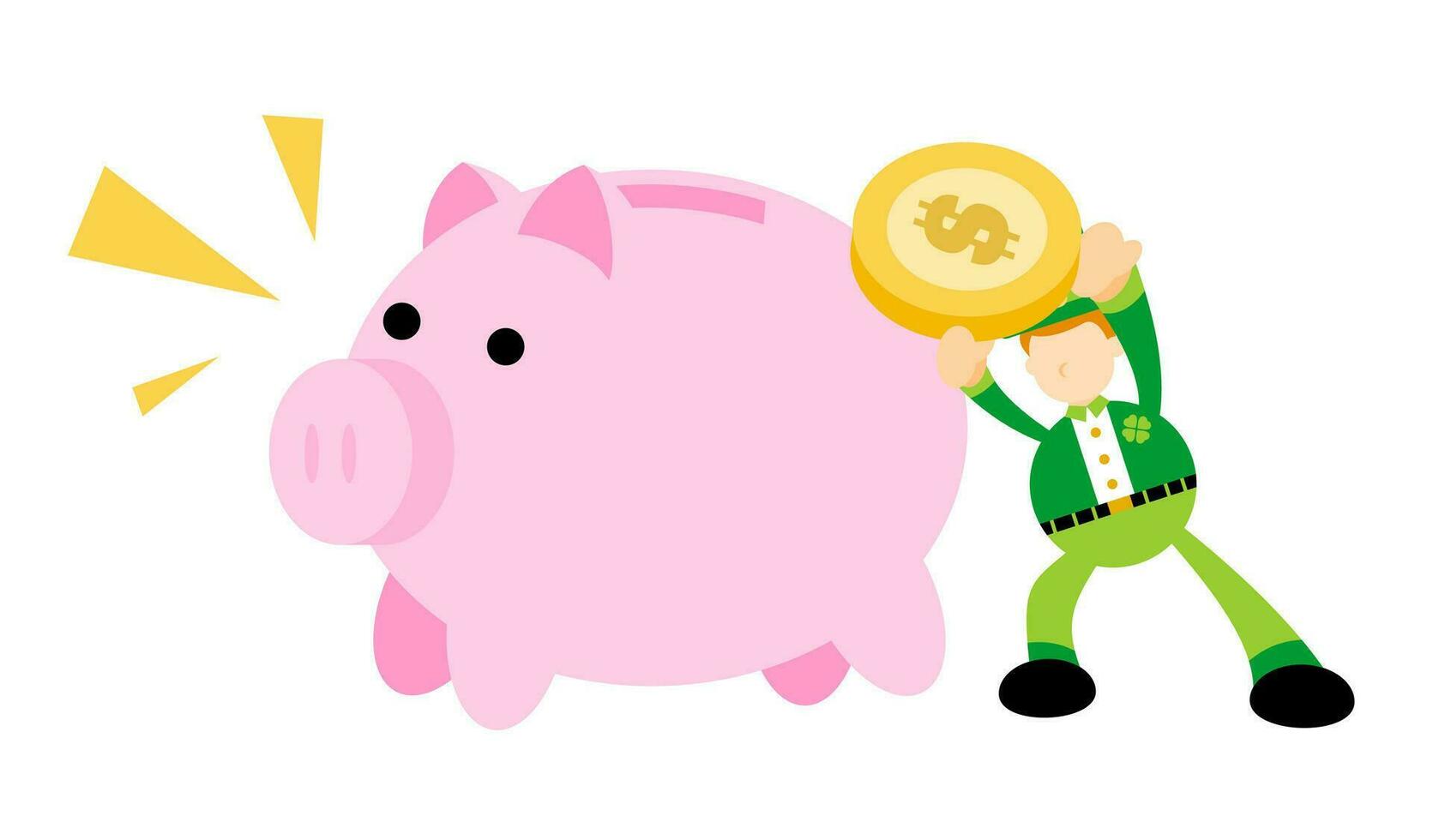 feliz duende e porco banco dinheiro dólar economia finança desenho animado rabisco plano Projeto estilo vetor ilustração