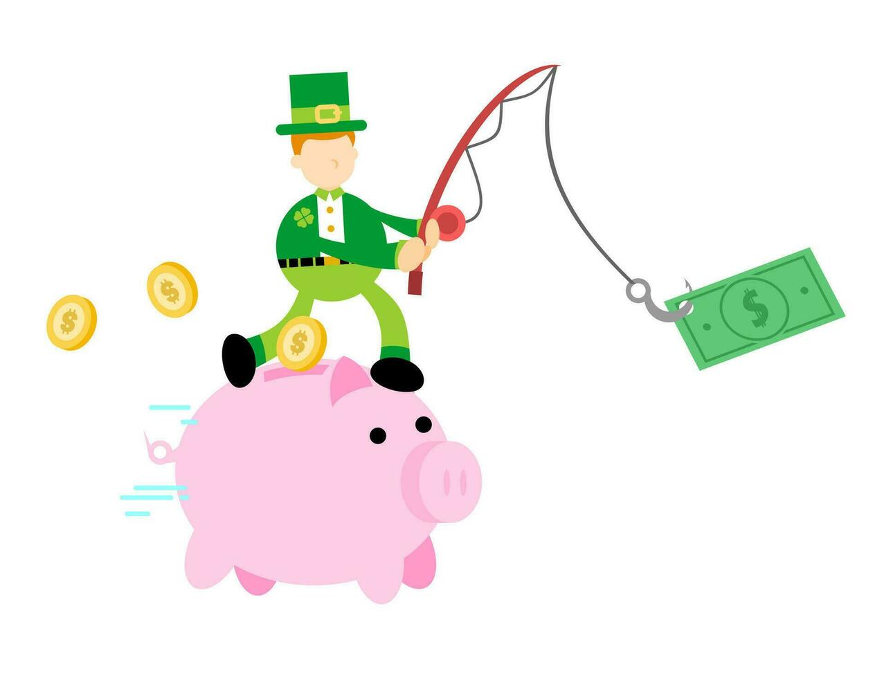 feliz duende e porco banco dinheiro dólar isca economia finança desenho animado rabisco plano Projeto estilo vetor ilustração