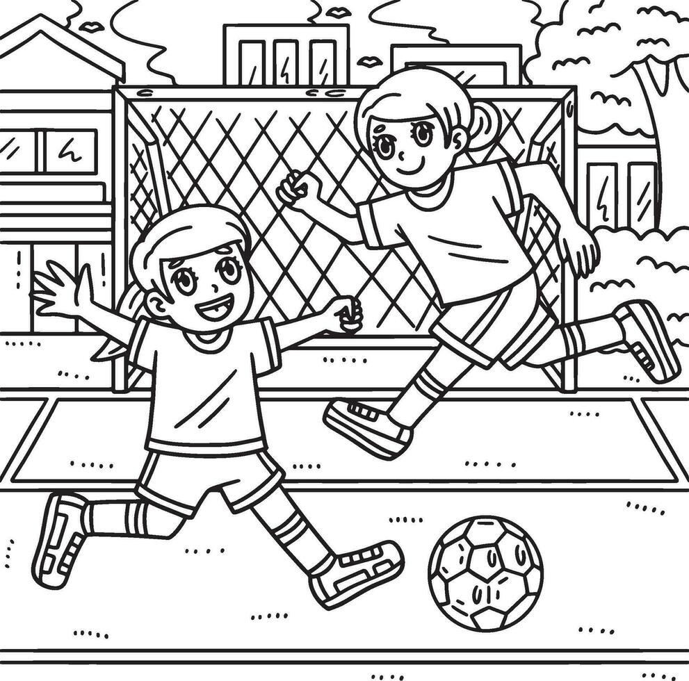 meninas jogando futebol coloração página para crianças vetor