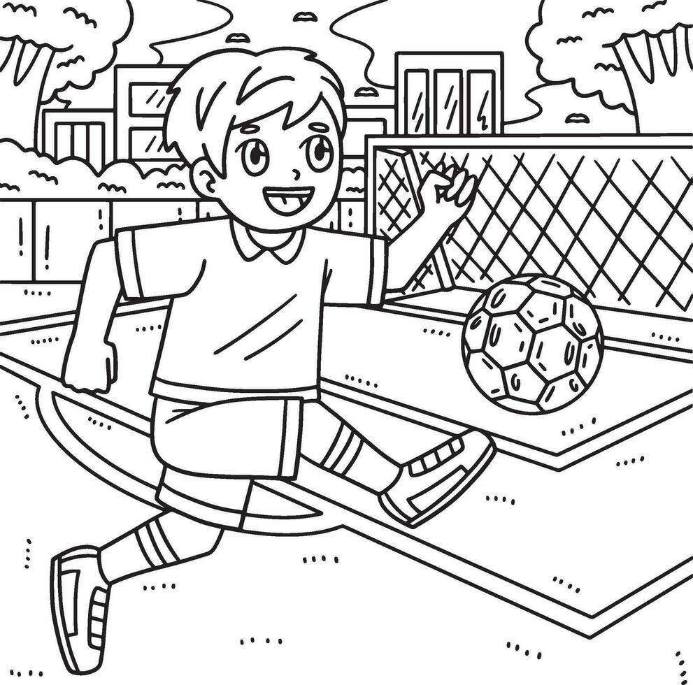 Garoto chutando futebol bola coloração página para crianças vetor